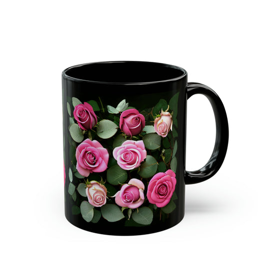 Lovely Pink Roses Black Mug 11oz