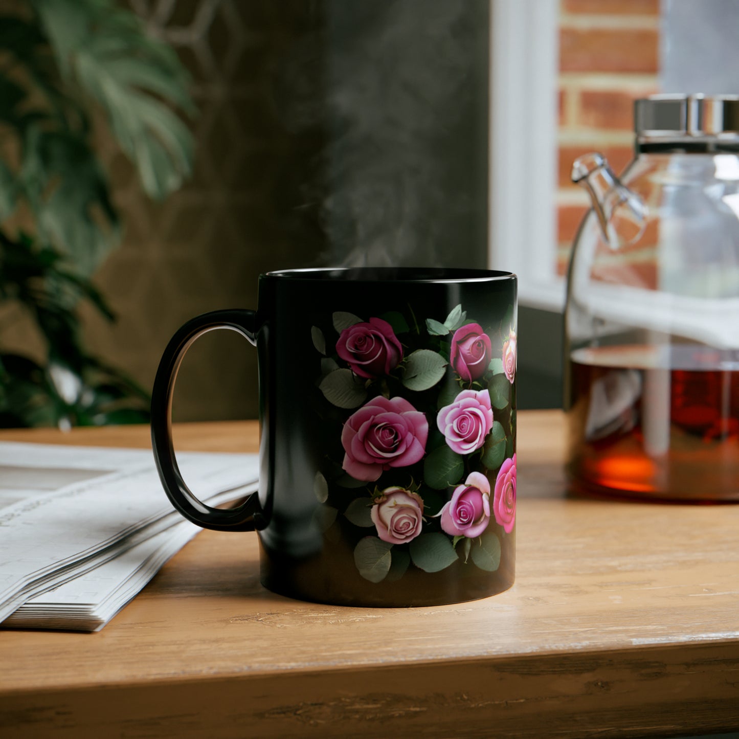 Lovely Pink Roses Black Mug 11oz